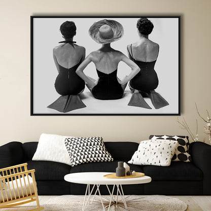 Swimsuit Girls Print, Beach House, Black and White, 1950s Beachy Room Decor, Floating Framed Canvas Print