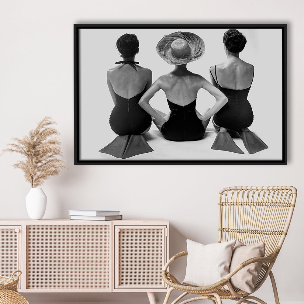 Swimsuit Girls Print, Beach House, Black and White, 1950s Beachy Room Decor, Floating Framed Canvas Print