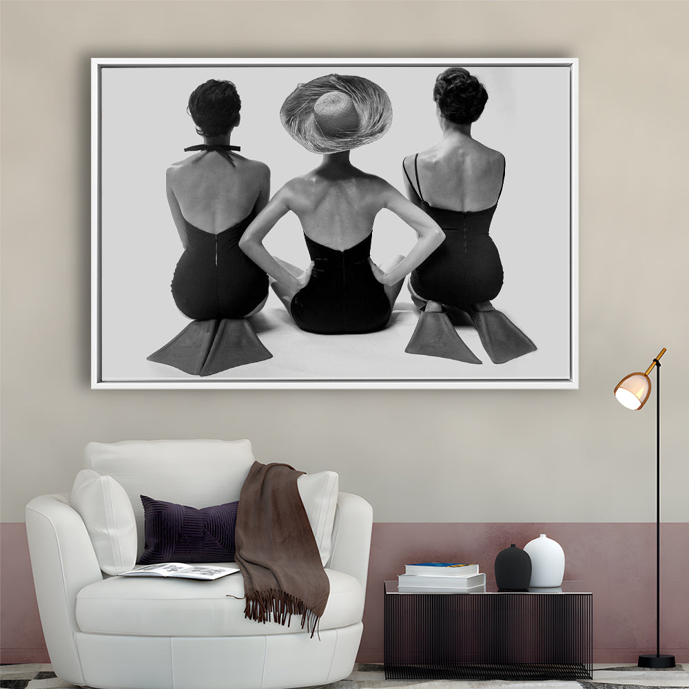 Swimsuit Girls Print, Beach House, Black and White, 1950s Beachy Room Decor, Floating Framed Canvas Print
