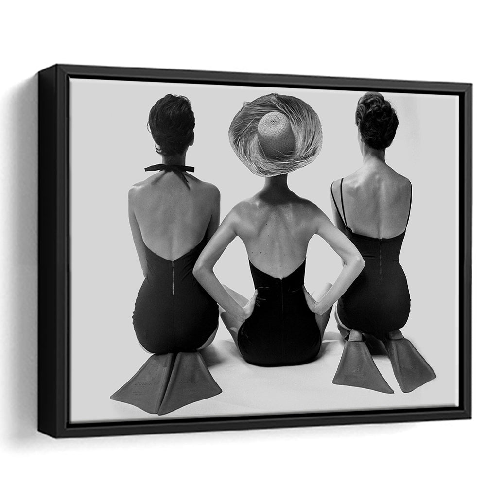 Swimsuit Girls Print, Beach House, Black and White, 1950s Beachy Room Decor, Floating Framed Canvas Print
