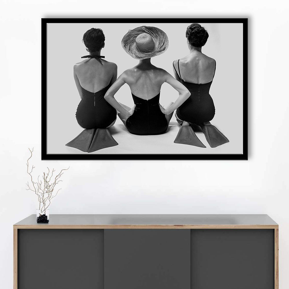 Swimsuit Girls Print, Beach House, Black and White, 1950s Beachy Room Decor, Framed Art Print Wall Decor