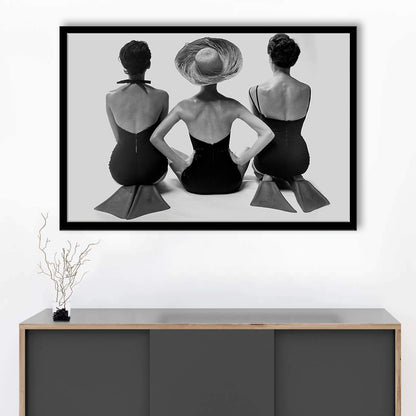 Swimsuit Girls Print, Beach House, Black and White, 1950s Beachy Room Decor, Framed Art Print Wall Decor