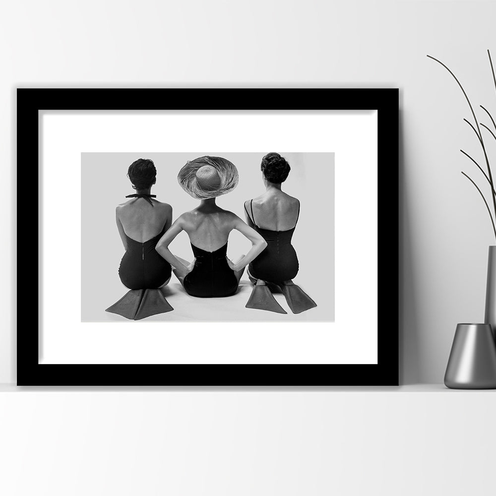 Swimsuit Girls Print, Beach House, Black and White, 1950s Beachy Room Decor, Framed Art Print White Border Wall Decor