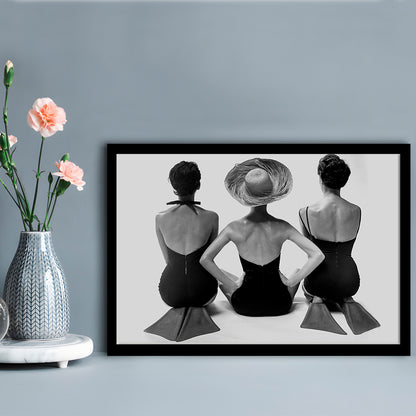 Swimsuit Girls Print, Beach House, Black and White, 1950s Beachy Room Decor, Framed Art Print Wall Decor