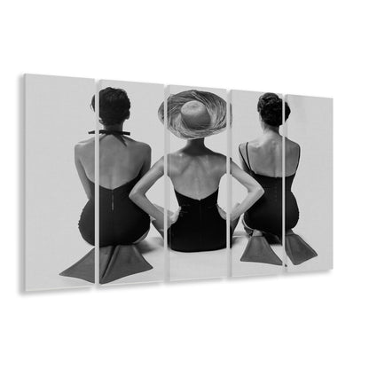 Swimsuit Girls Print, Beach House, Black and White, 1950s Beachy Room Decor, 5 Pieces Large Canvas Print