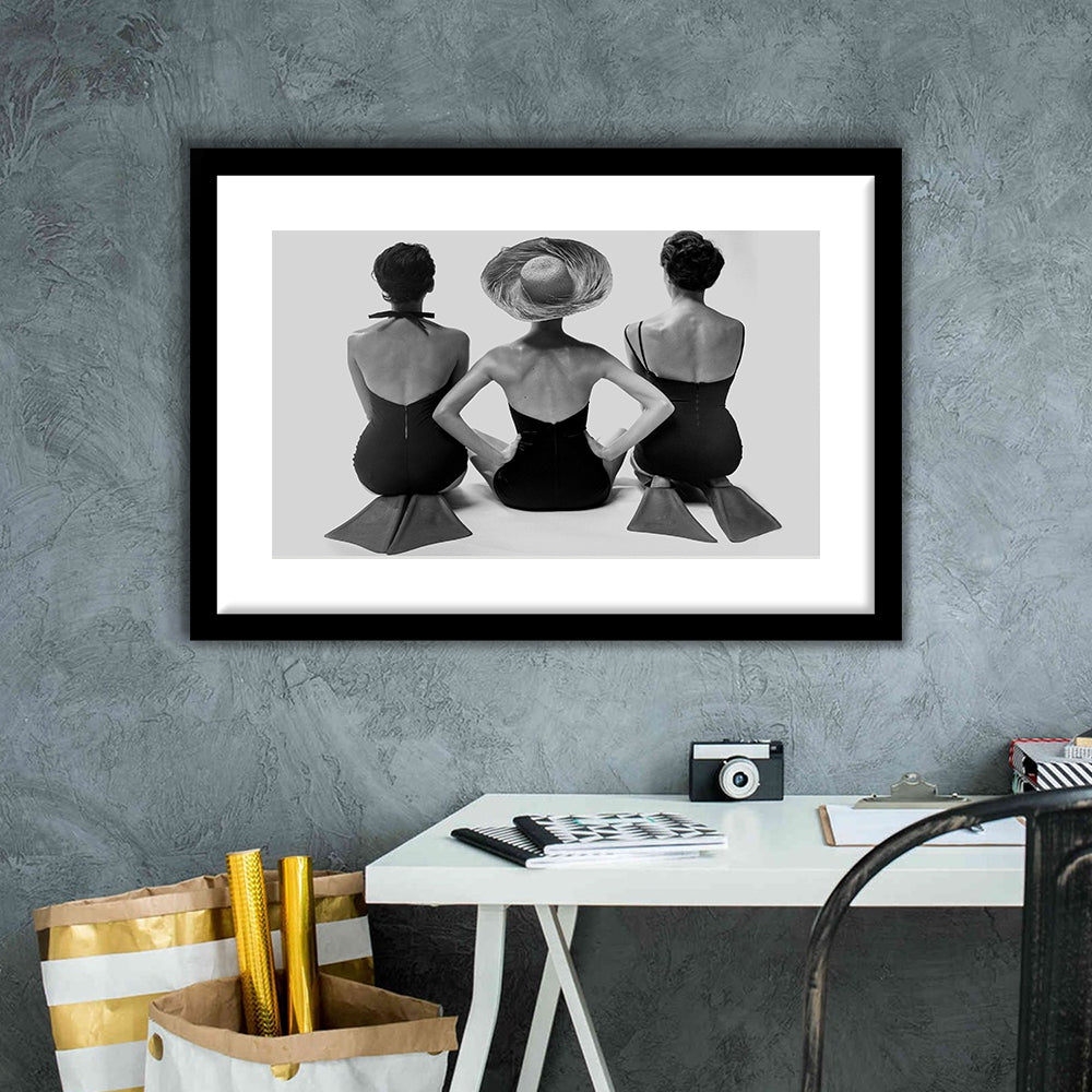 Swimsuit Girls Print, Beach House, Black and White, 1950s Beachy Room Decor, Framed Art Print White Border Wall Decor