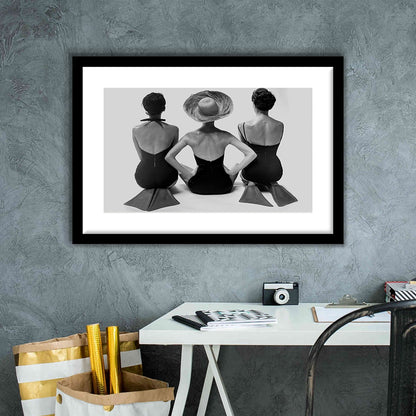 Swimsuit Girls Print, Beach House, Black and White, 1950s Beachy Room Decor, Framed Art Print White Border Wall Decor