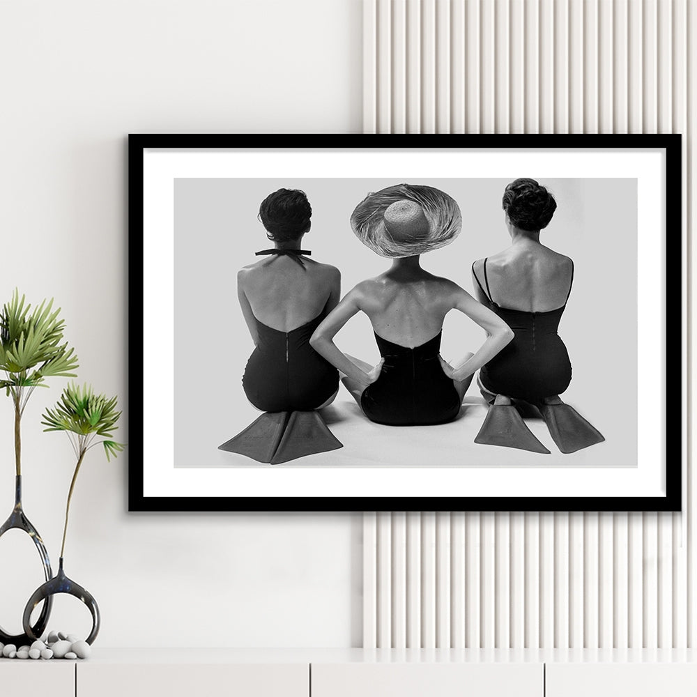 Swimsuit Girls Print, Beach House, Black and White, 1950s Beachy Room Decor, Framed Art Print White Border Wall Decor