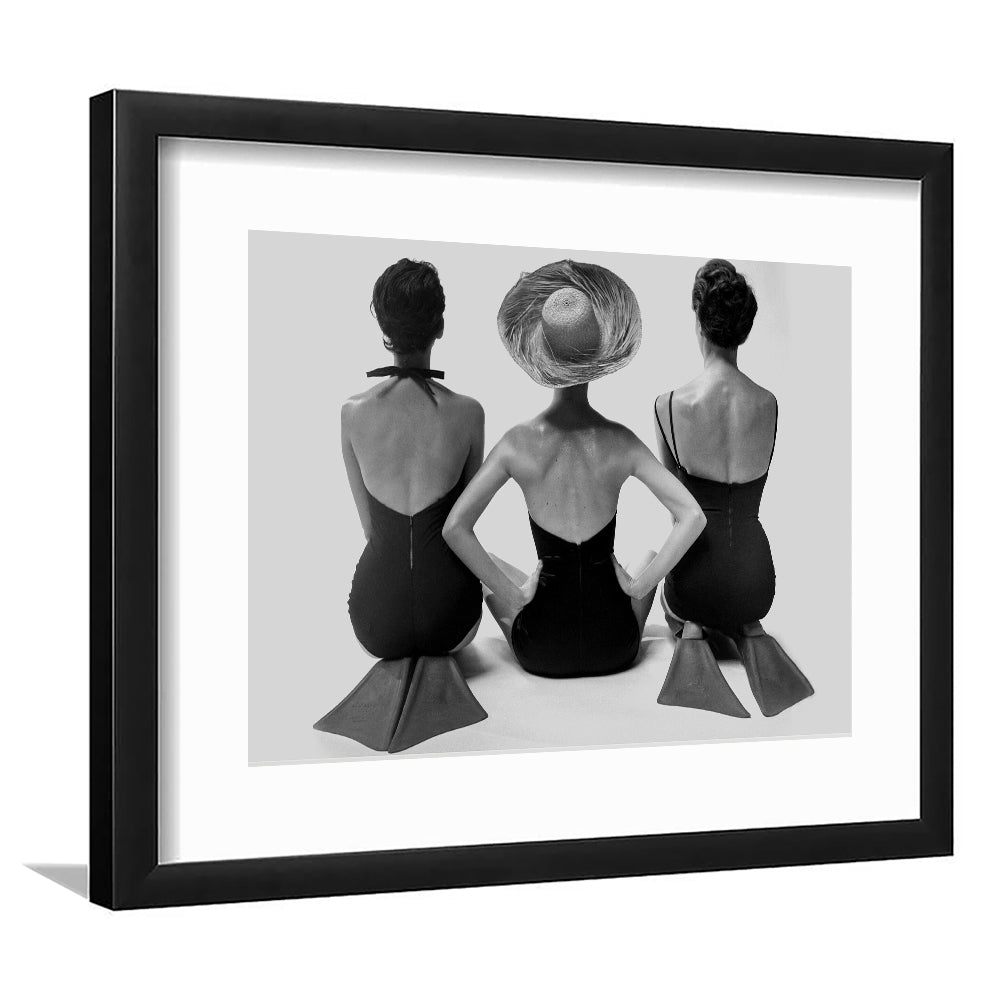 Swimsuit Girls Print, Beach House, Black and White, 1950s Beachy Room Decor, Framed Art Print White Border Wall Decor