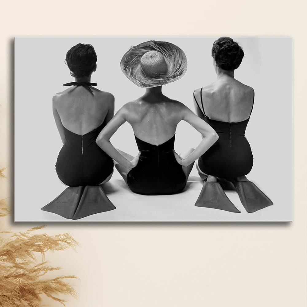 Swimsuit Girls Print, Beach House, Black and White, 1950s Beachy Room Decor, Canvas Print Wall Art Decor