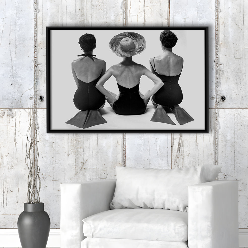 Swimsuit Girls Print, Beach House, Black and White, 1950s Beachy Room Decor, Floating Framed Canvas Print