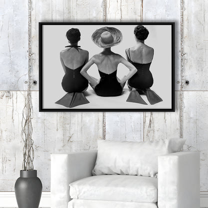 Swimsuit Girls Print, Beach House, Black and White, 1950s Beachy Room Decor, Floating Framed Canvas Print