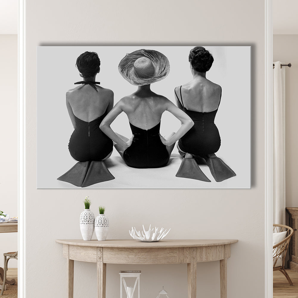 Swimsuit Girls Print, Beach House, Black and White, 1950s Beachy Room Decor, Canvas Print Wall Art Decor