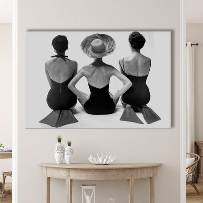 Swimsuit Girls Print, Beach House, Black and White, 1950s Beachy Room Decor, Canvas Print Wall Art Decor