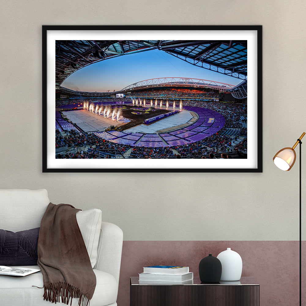 Sydney's Anz Stadium, Stadium Canvas, Sport Art, Gift for him, White Border Framed Art Print Wall Decor