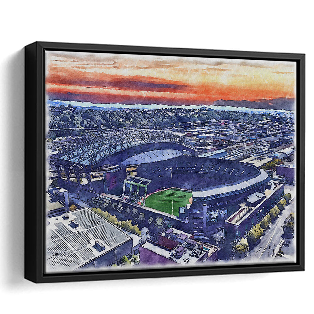 T-Mobile Park WaterColor, Seattle Washington Baseball Watercolor, Sport Gift Art, Framed Canvas Print Wall Art