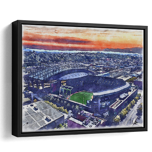 T-Mobile Park WaterColor, Seattle Washington Baseball Watercolor, Sport Gift Art, Framed Canvas Print Wall Art