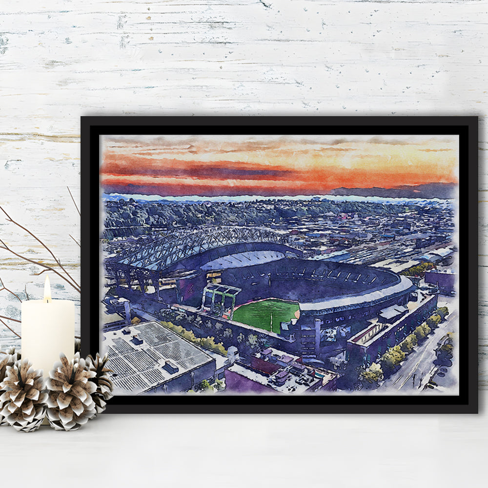 T-Mobile Park WaterColor, Seattle Washington Baseball Watercolor, Sport Gift Art, Framed Canvas Print Wall Art