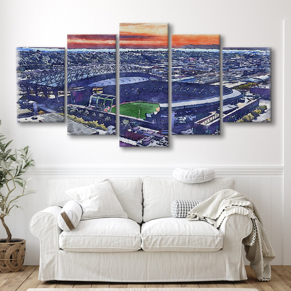 T-Mobile Park WaterColor, Seattle Washington Baseball Watercolor, Sport Art, Mixed 5 Panel, Canvas Print Wall Art