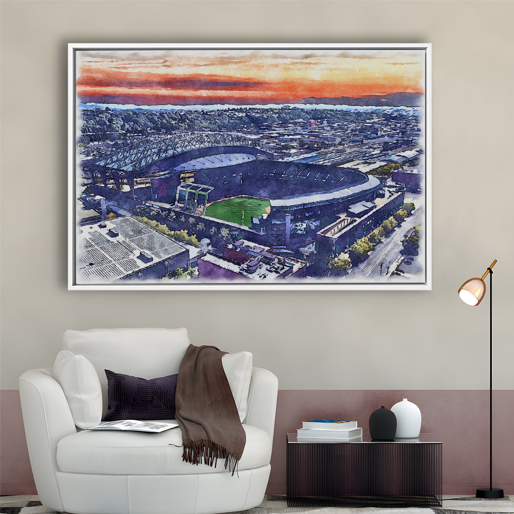 T-Mobile Park WaterColor, Seattle Washington Baseball Watercolor, Sport Gift Art, Framed Canvas Print Wall Art