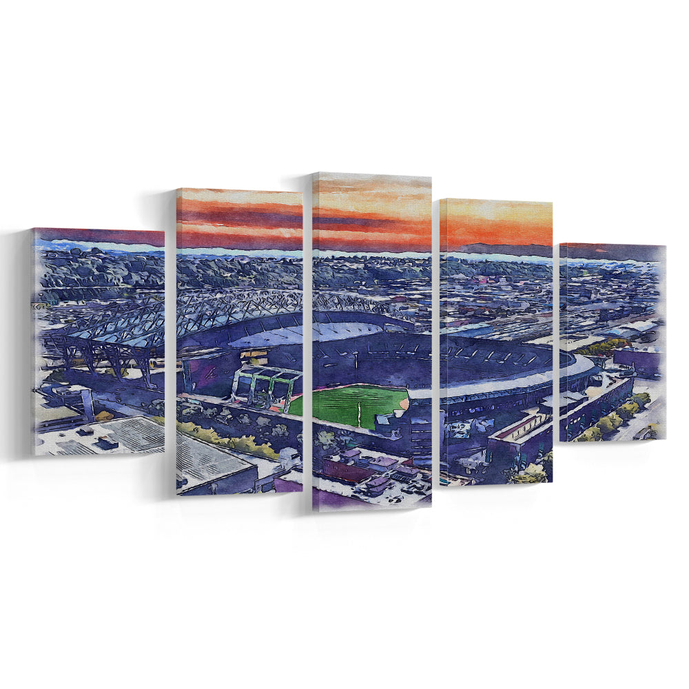 T-Mobile Park WaterColor, Seattle Washington Baseball Watercolor, Sport Art, Mixed 5 Panel, Canvas Print Wall Art