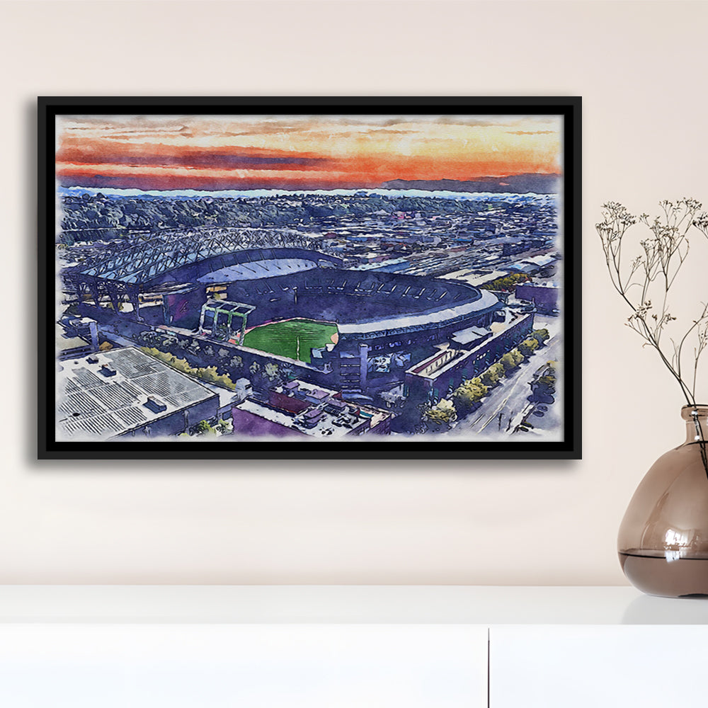 T-Mobile Park WaterColor, Seattle Washington Baseball Watercolor, Sport Gift Art, Framed Canvas Print Wall Art