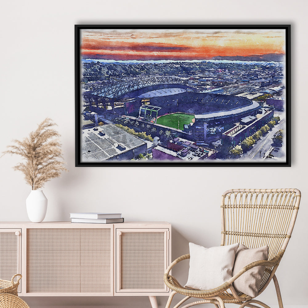 T-Mobile Park WaterColor, Seattle Washington Baseball Watercolor, Sport Gift Art, Framed Canvas Print Wall Art