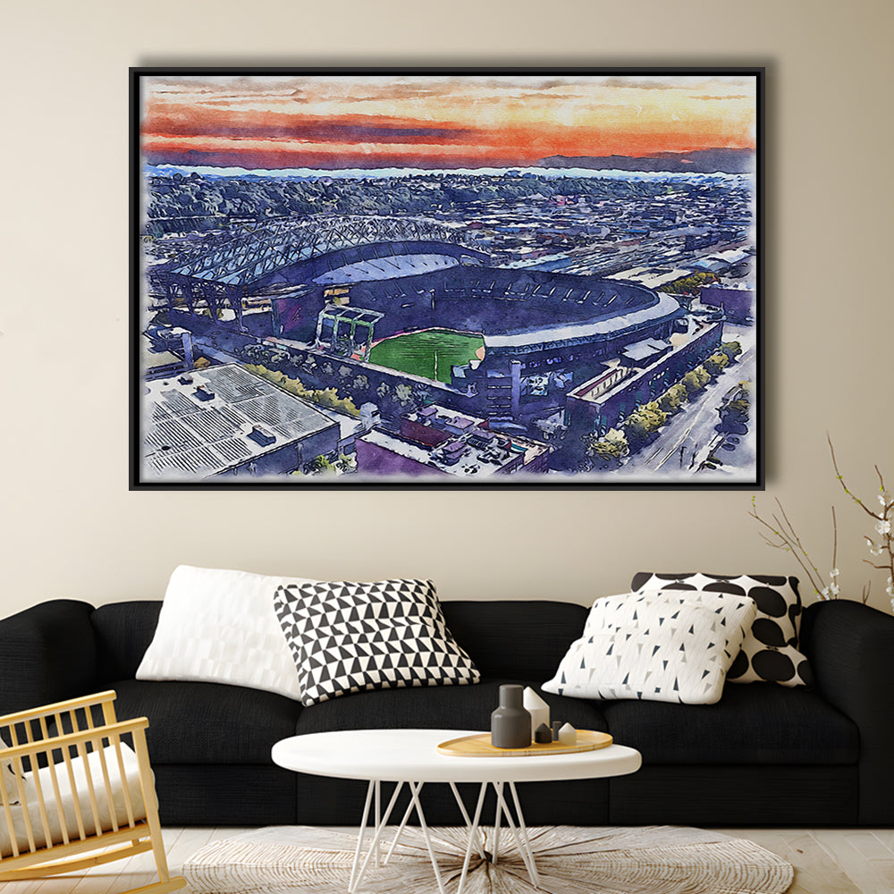 T-Mobile Park WaterColor, Seattle Washington Baseball Watercolor, Sport Gift Art, Framed Canvas Print Wall Art