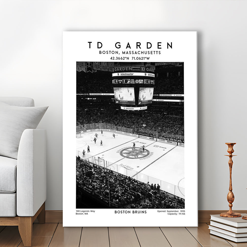 Td Garden Stadium Black And White, Boston Bruins Hockey Stadium Wall Art Print, Canvas Prints Wall Art, Man Cave Decor