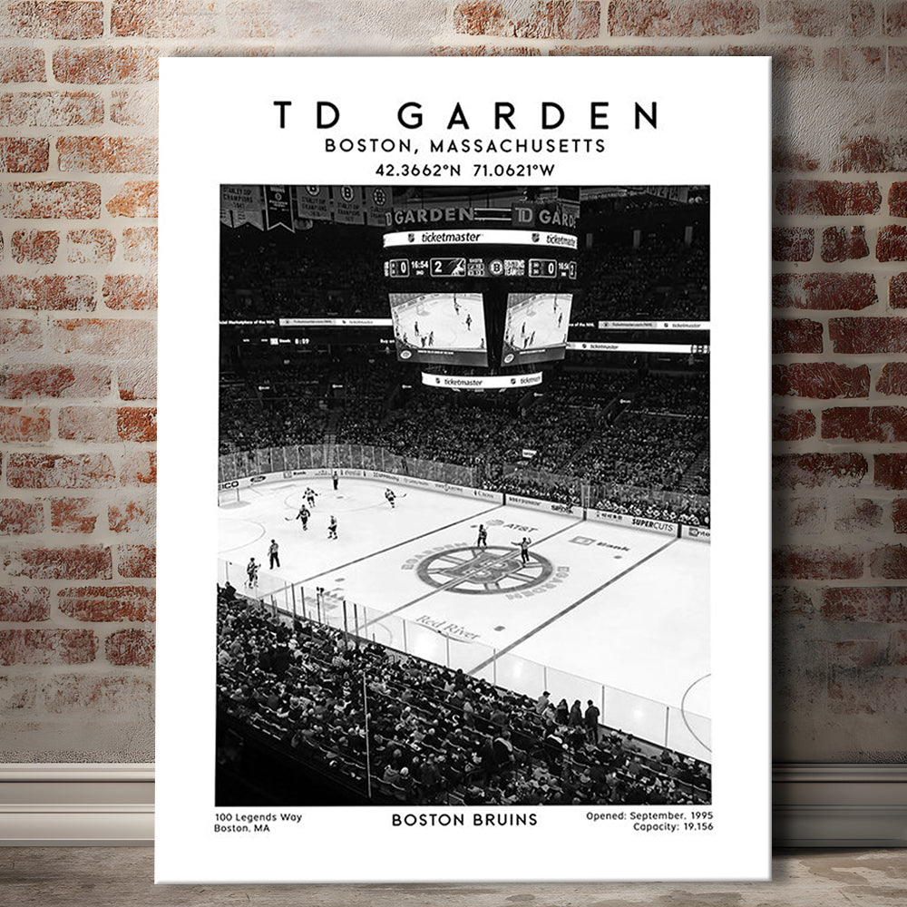 Td Garden Stadium Black And White, Boston Bruins Hockey Stadium Wall Art Print, Canvas Prints Wall Art, Man Cave Decor