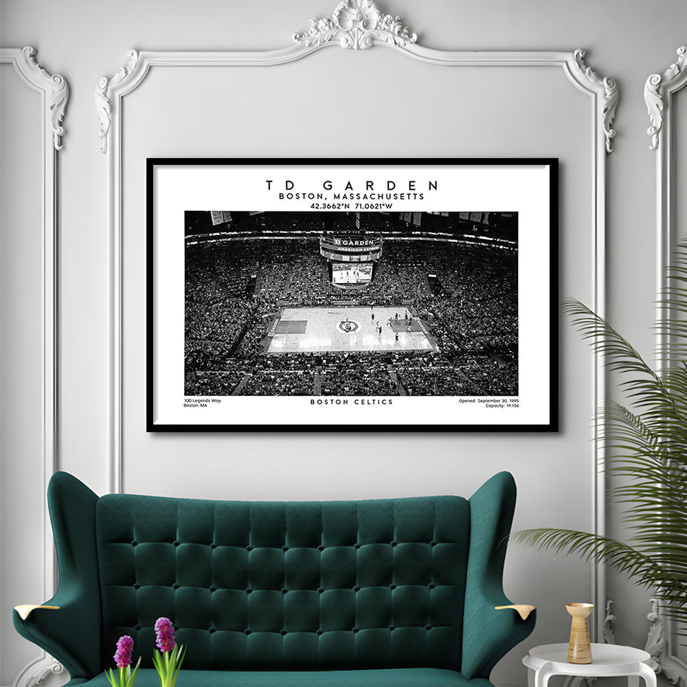 Td Garden Stadium Black And White, Boston Basketball Stadium Wall Art Print, Framed Art Print Wall Decor
