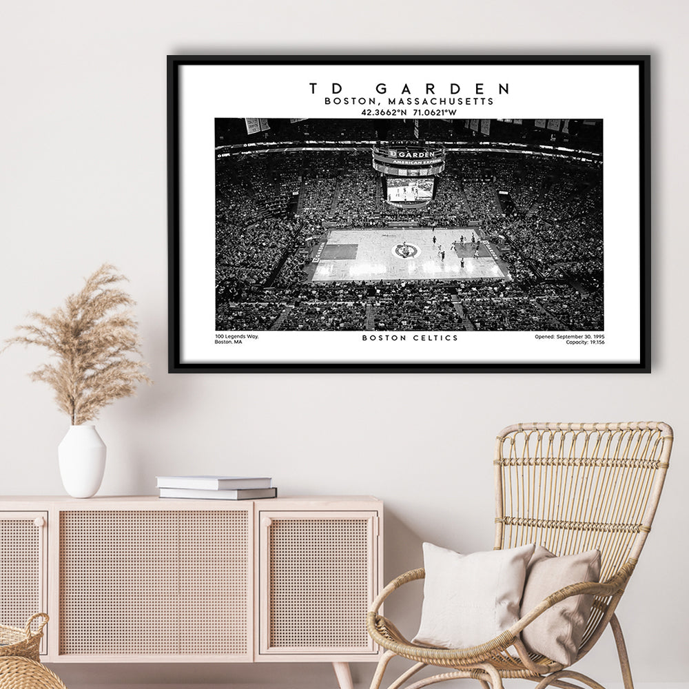 Td Garden Stadium Black And White, Boston Basketball Stadium Wall Art Print, Framed Canvas Print Wall Art