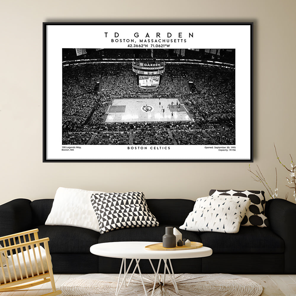 Td Garden Stadium Black And White, Boston Basketball Stadium Wall Art Print, Framed Canvas Print Wall Art