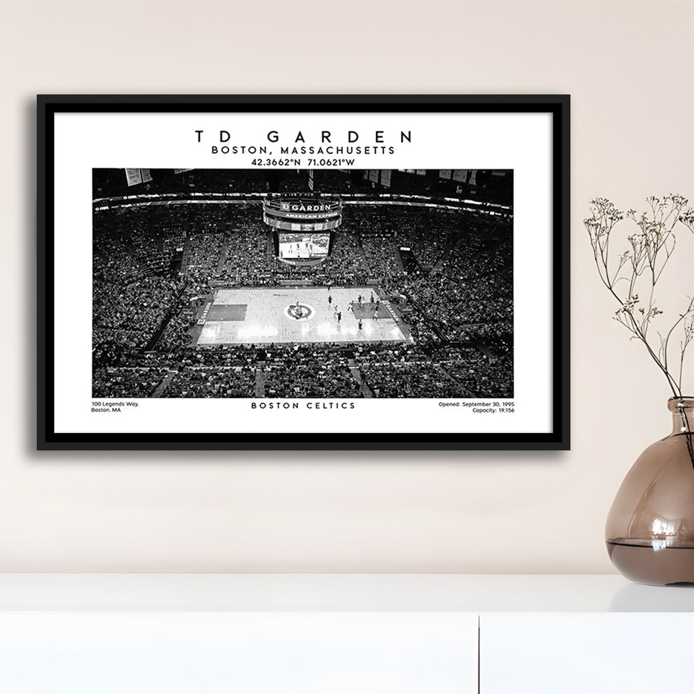 Td Garden Stadium Black And White, Boston Basketball Stadium Wall Art Print, Framed Canvas Print Wall Art