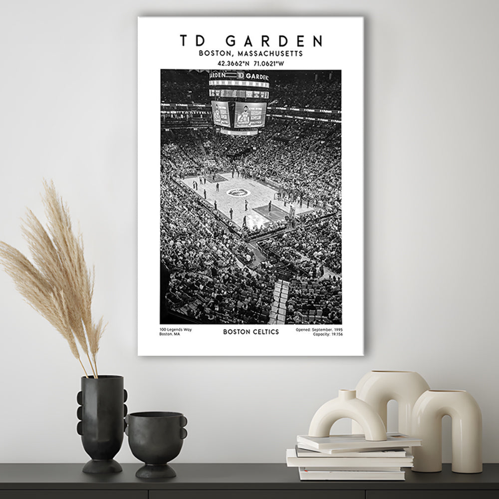 Td Garden Stadium Black And White, Boston Celtics Basketball Stadium Wall Art Print, Canvas Prints Wall Art, Man Cave Decor