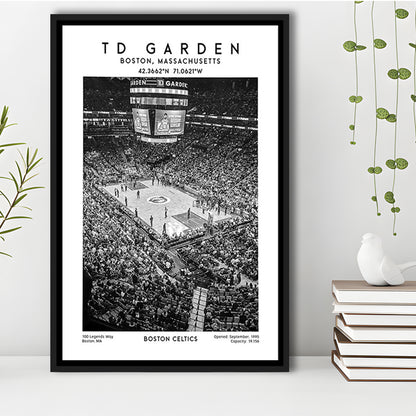 Td Garden Stadium Black And White, Boston Celtics Basketball Stadium Wall Art Print, Framed Canvas Prints Wall Art