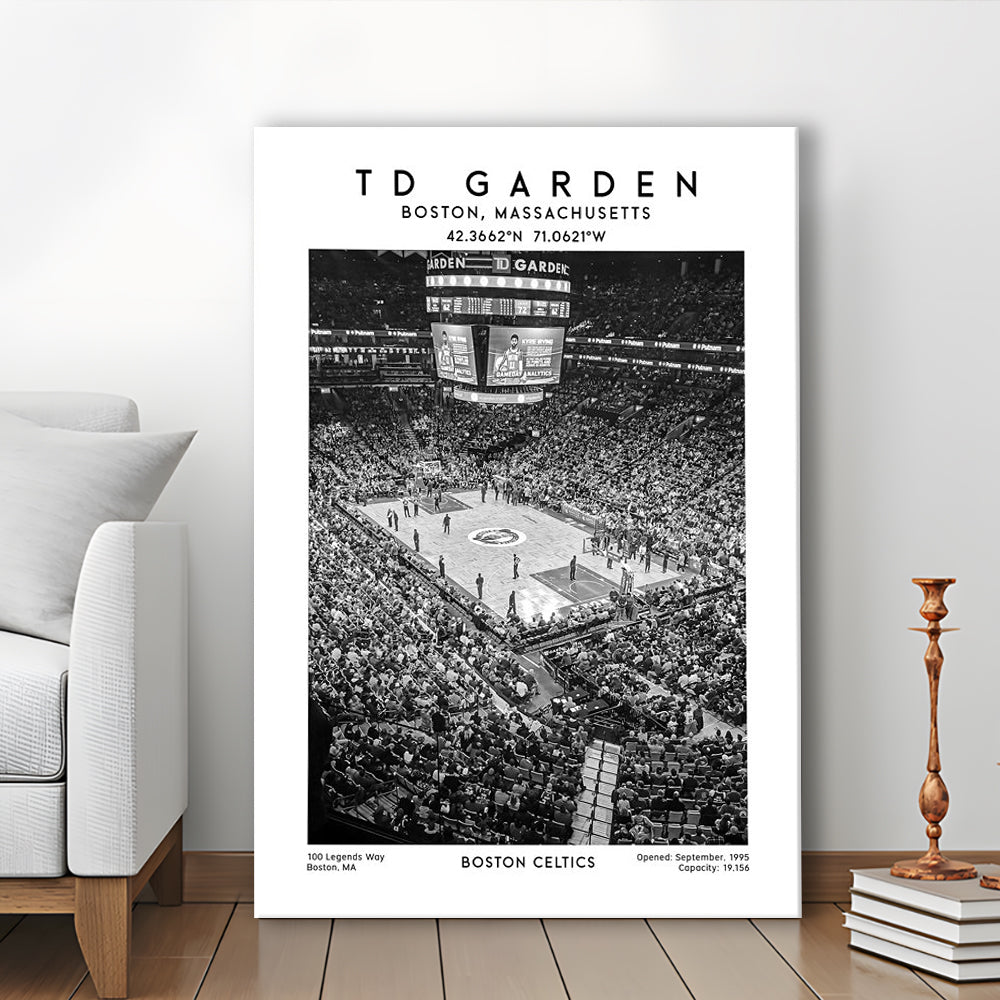 Td Garden Stadium Black And White, Boston Celtics Basketball Stadium Wall Art Print, Canvas Prints Wall Art, Man Cave Decor