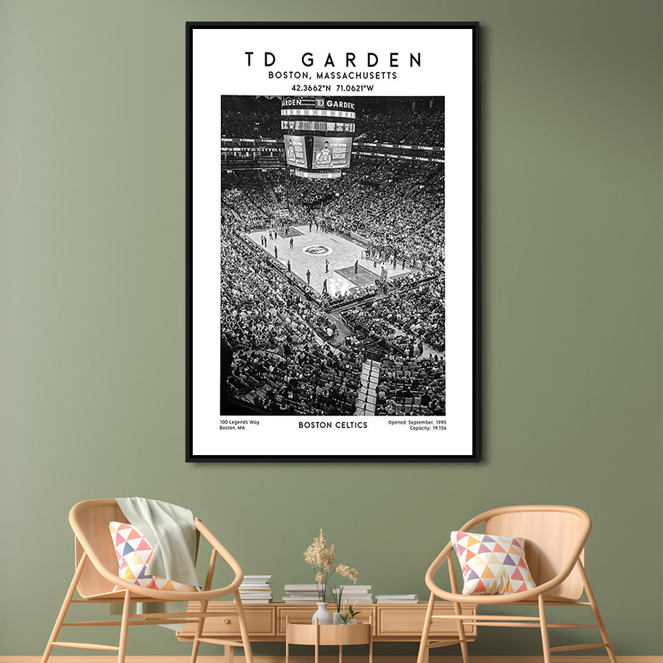 Td Garden Stadium Black And White, Boston Celtics Basketball Stadium Wall Art Print, Framed Canvas Prints Wall Art