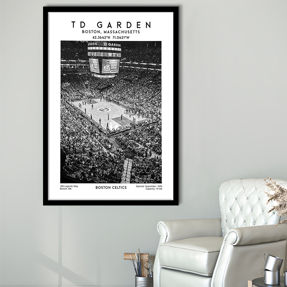 Td Garden Stadium Black And White, Boston Celtics Basketball Stadium Wall Art Print, Framed Art Prints Wall Decor