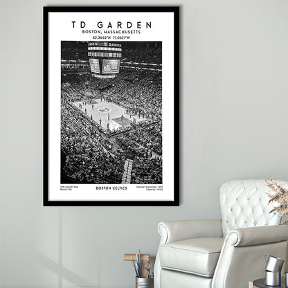 Td Garden Stadium Black And White, Boston Celtics Basketball Stadium Wall Art Print, Framed Art Prints Wall Decor