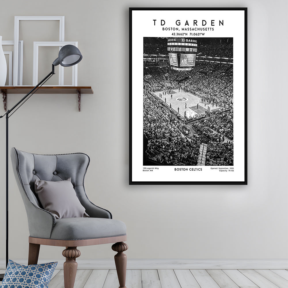 Td Garden Stadium Black And White, Boston Celtics Basketball Stadium Wall Art Print, Framed Canvas Prints Wall Art
