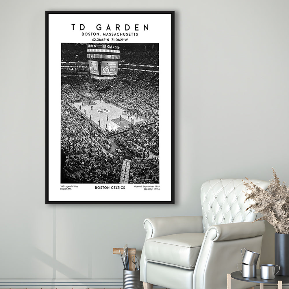 Td Garden Stadium Black And White, Boston Celtics Basketball Stadium Wall Art Print, Framed Canvas Prints Wall Art