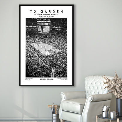 Td Garden Stadium Black And White, Boston Celtics Basketball Stadium Wall Art Print, Framed Canvas Prints Wall Art