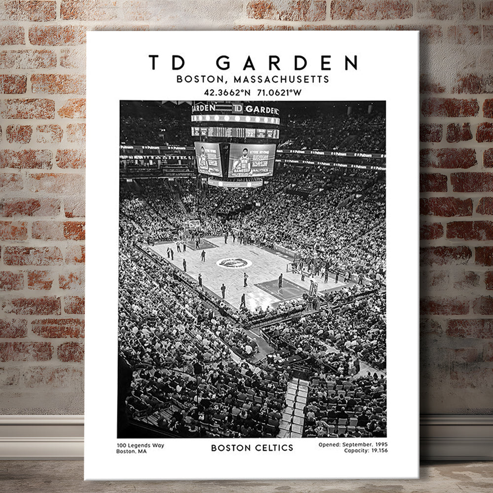 Td Garden Stadium Black And White, Boston Celtics Basketball Stadium Wall Art Print, Canvas Prints Wall Art, Man Cave Decor