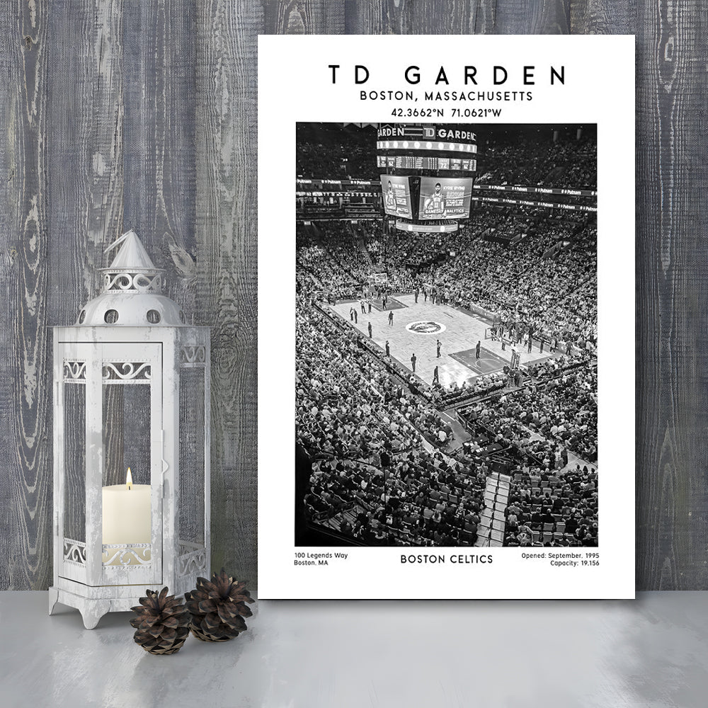 Td Garden Stadium Black And White, Boston Celtics Basketball Stadium Wall Art Print, Canvas Prints Wall Art, Man Cave Decor