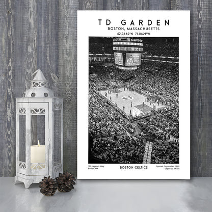 Td Garden Stadium Black And White, Boston Celtics Basketball Stadium Wall Art Print, Canvas Prints Wall Art, Man Cave Decor