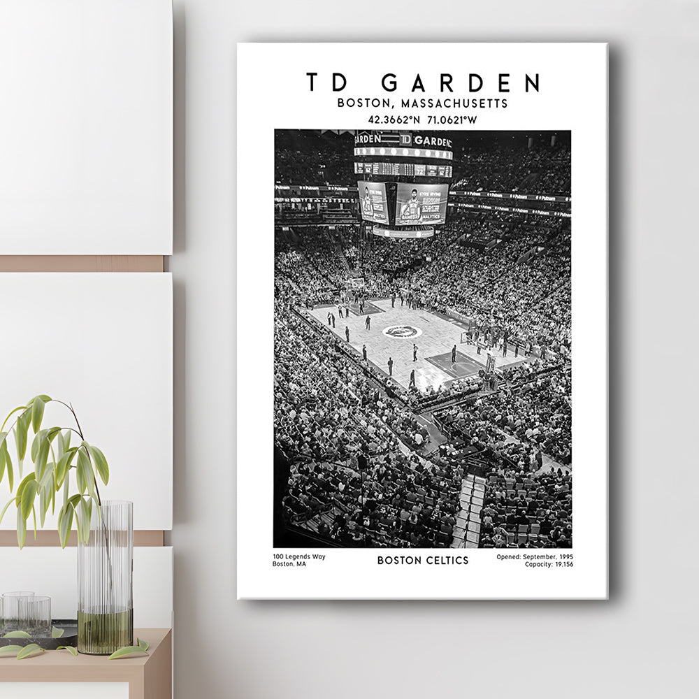 Td Garden Stadium Black And White, Boston Celtics Basketball Stadium Wall Art Print, Canvas Prints Wall Art, Man Cave Decor