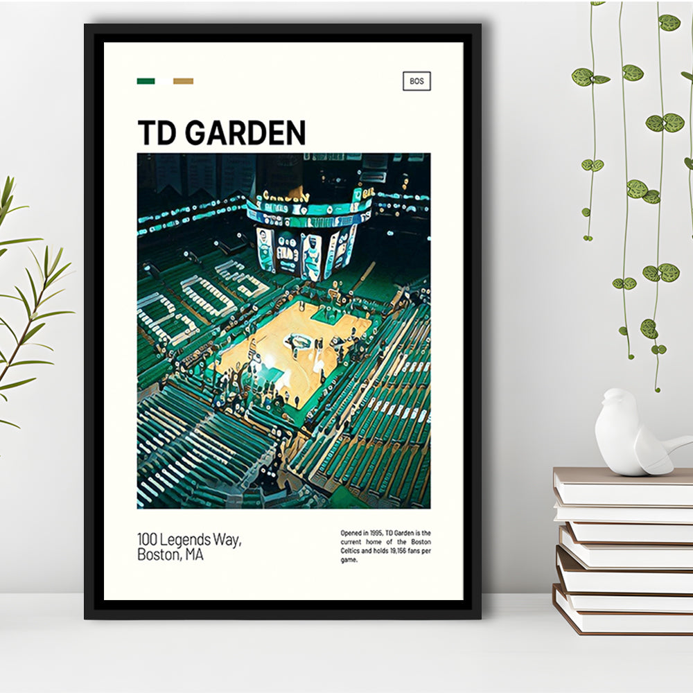 TD Garden Print, Boston Celtics Stadium Canvas Art V1, Man Cave Gift, Floating Framed Canvas Print Wall Art
