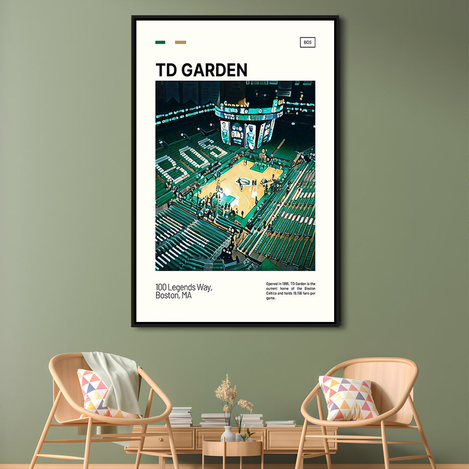 TD Garden Print, Boston Celtics Stadium Canvas Art V1, Man Cave Gift, Floating Framed Canvas Print Wall Art
