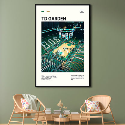 TD Garden Print, Boston Celtics Stadium Canvas Art V1, Man Cave Gift, Floating Framed Canvas Print Wall Art
